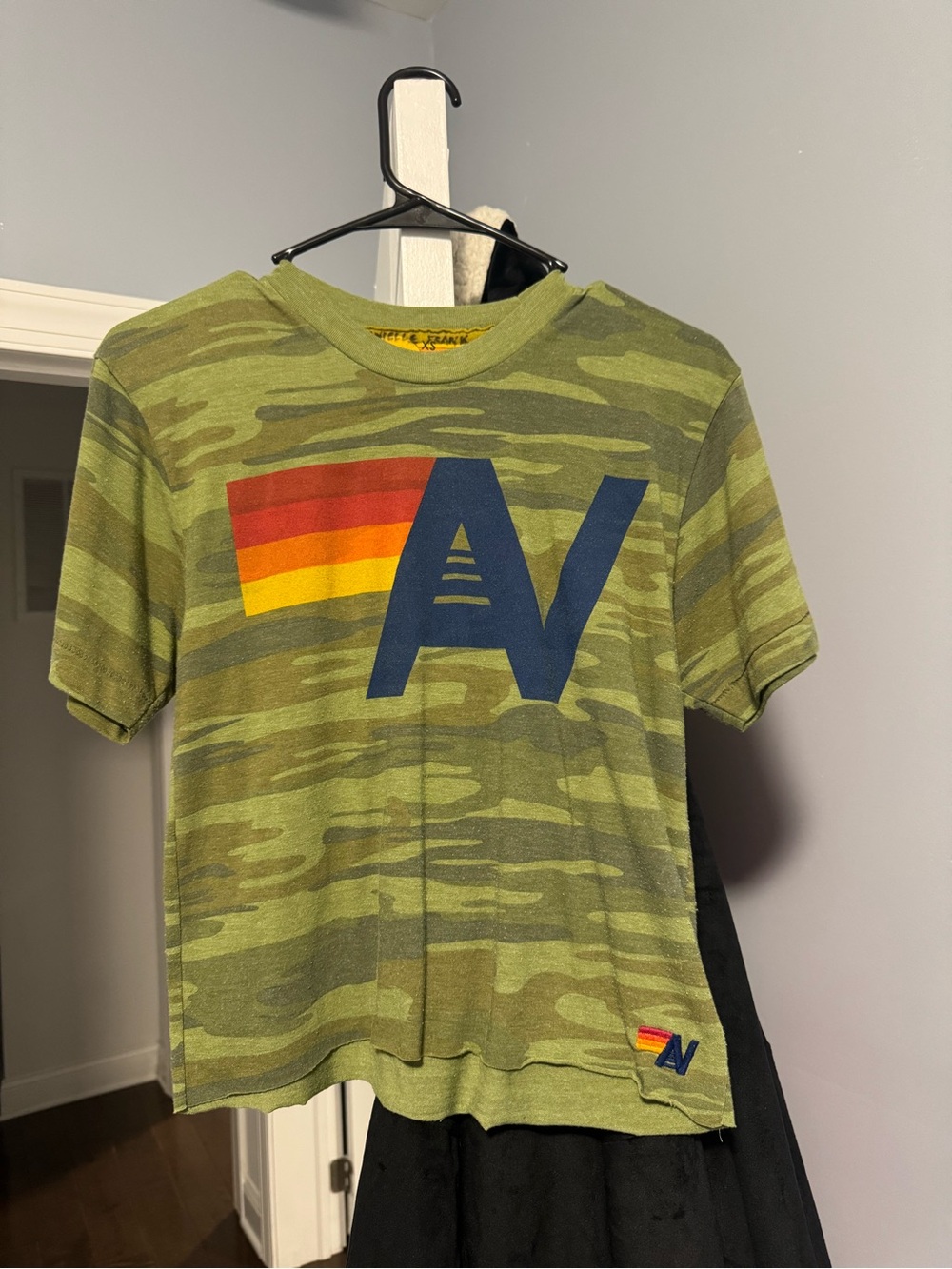 Women Camo Graphic Tee with Rainbow Accent - Green